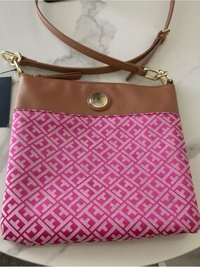 Tommy Hilfiger Pink Monogram Crossbody Bag Tan Trim Gold Hardware NWT